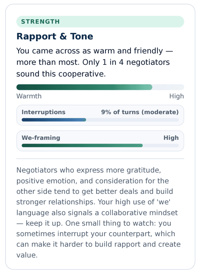 Report excerpt showing a strength in rapport and tone